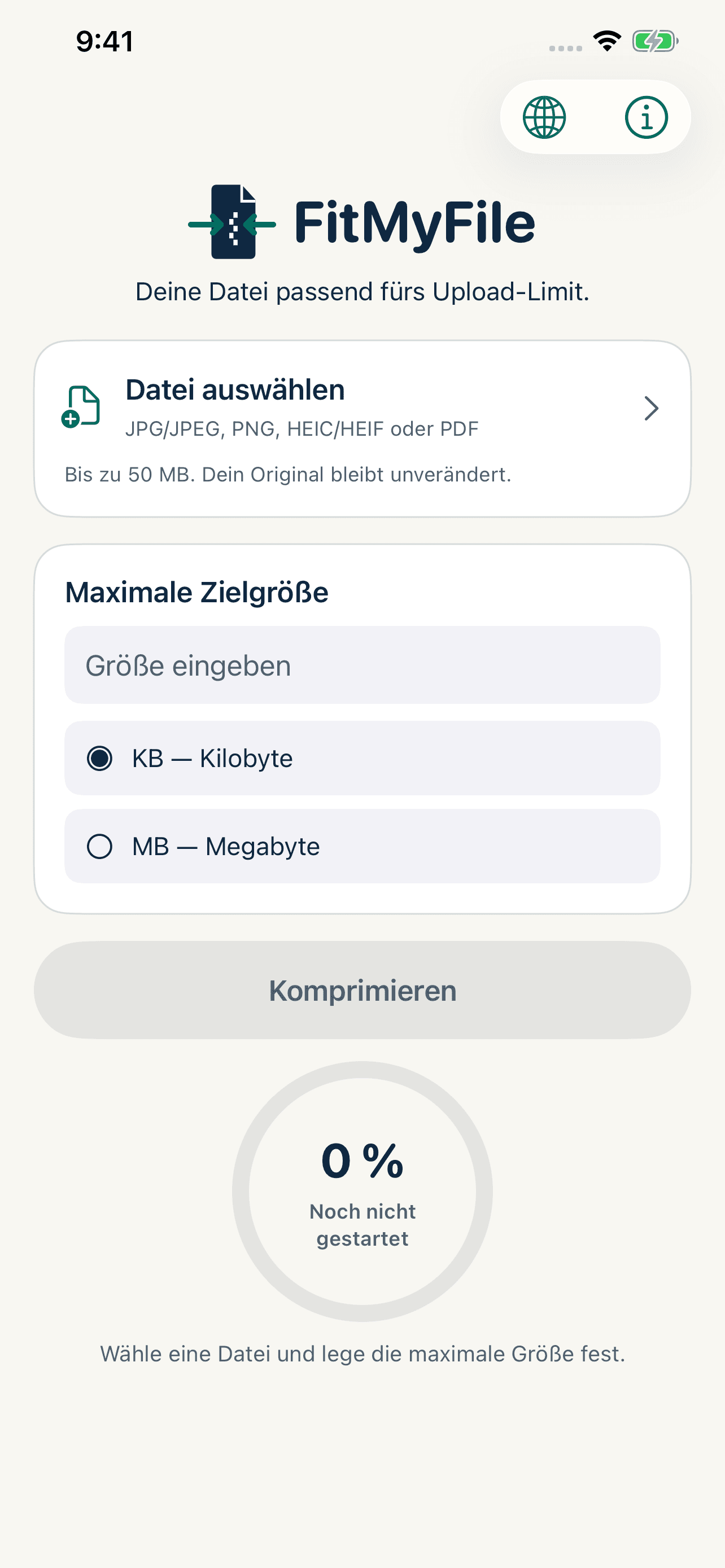 FitMyFile-Bildschirm zur Dateiauswahl und Festlegung der Zielgröße