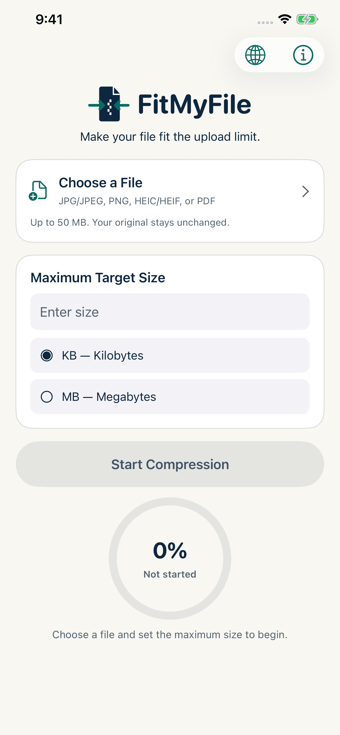 FitMyFile app screen for choosing a file and setting the target size