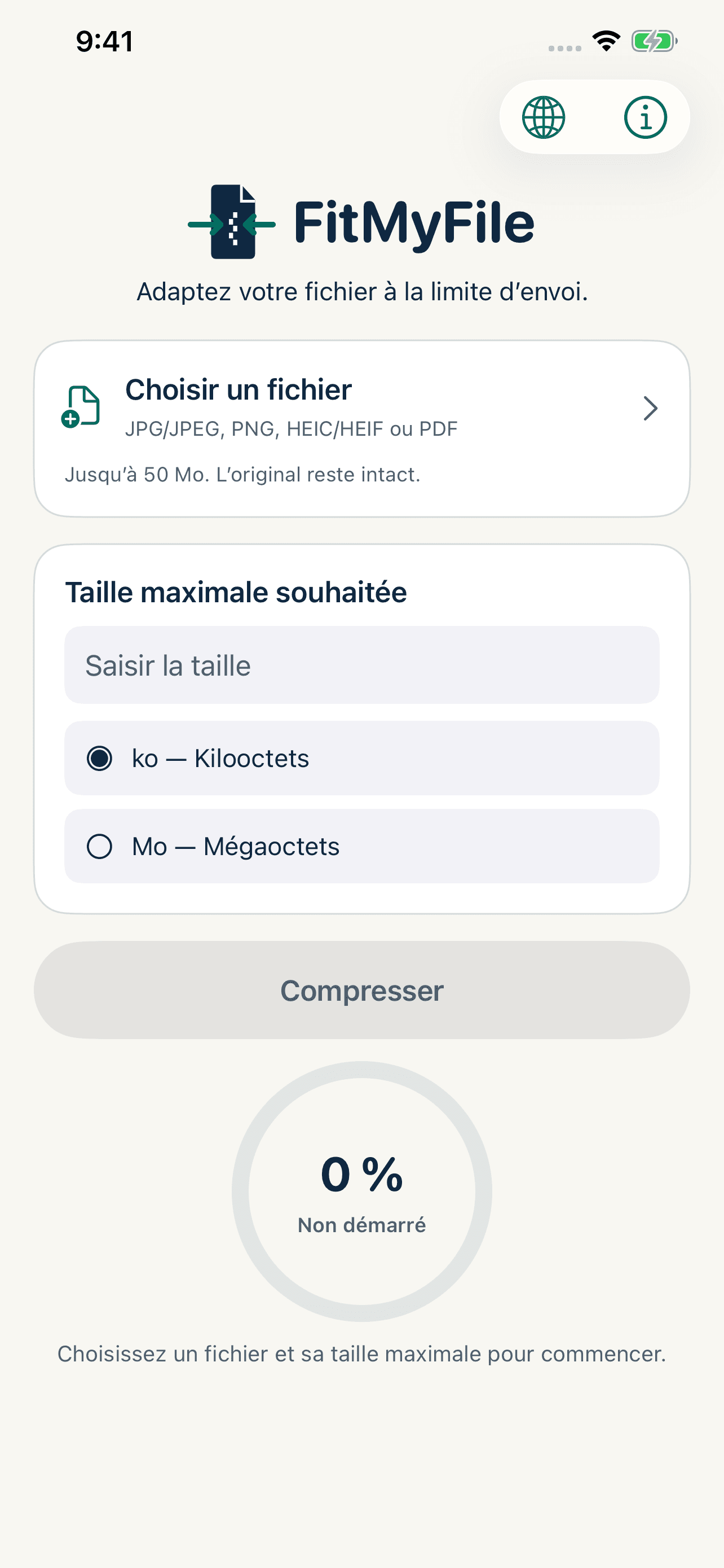 Écran de FitMyFile pour choisir un fichier et définir la taille cible