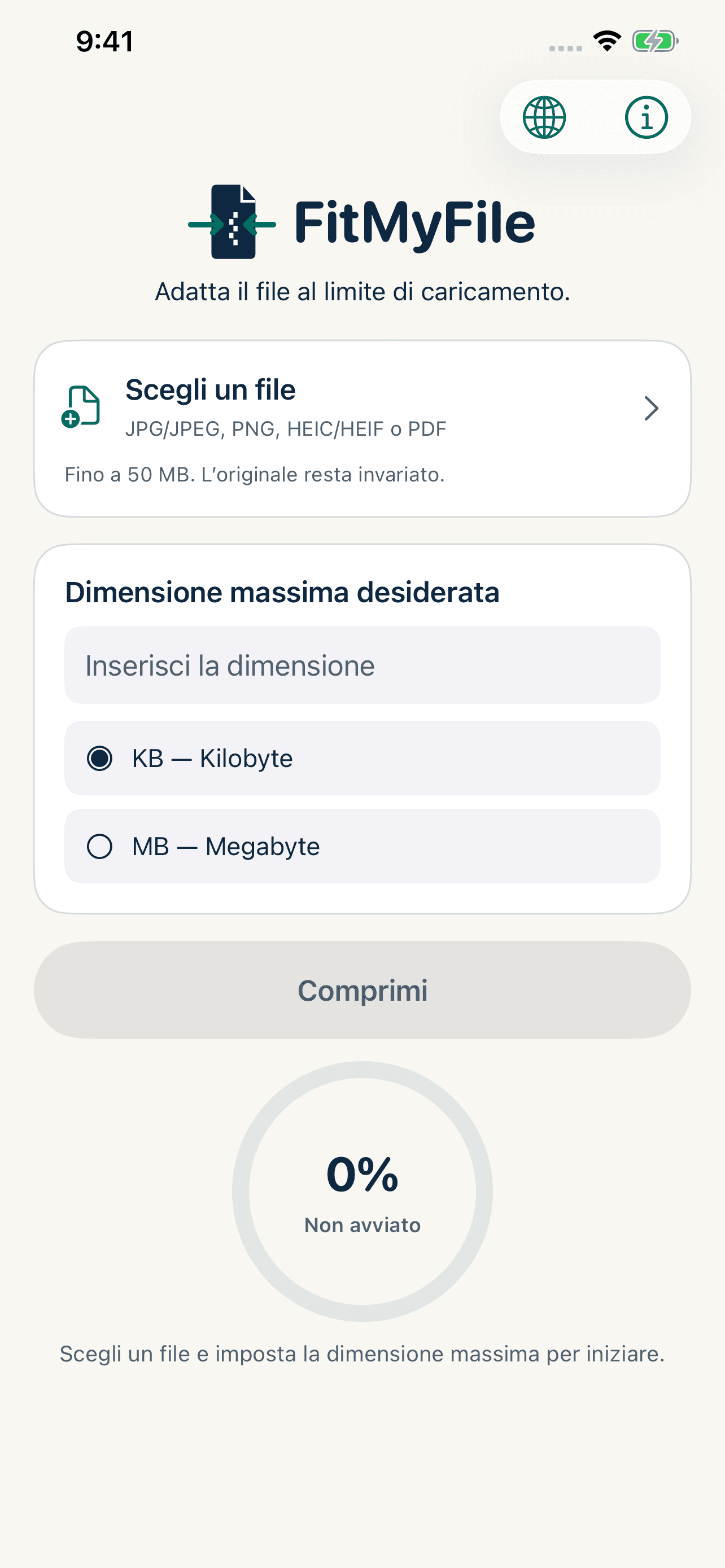 Schermata di FitMyFile per scegliere un file e impostare la dimensione desiderata