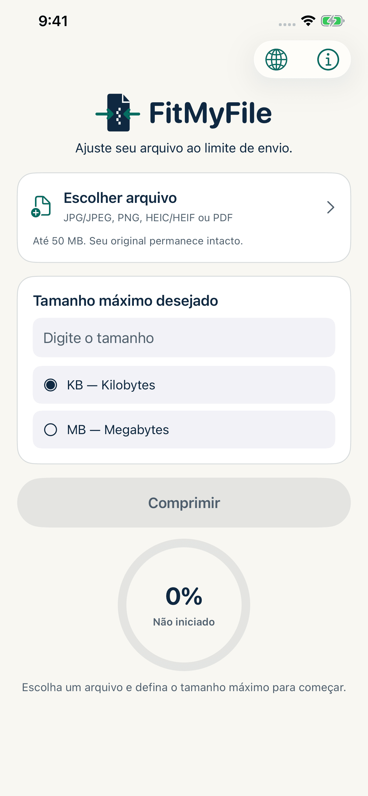 Tela do FitMyFile para escolher um arquivo e definir o tamanho desejado